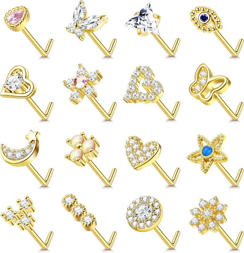 Yadoca Gold Nose Rings Studs for Women - 20G Surgical Steel Nose Ring L Shaped Nose Piercing Jewelry Hypoallergenic CZ Heart Nose Studs Silver Rose Gold 16Pcs - Image 1